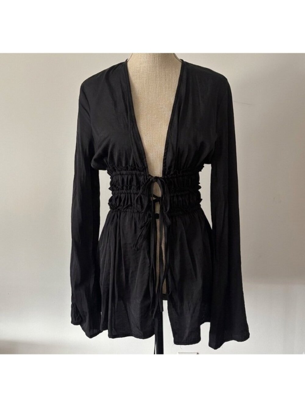 VEILED Black Whimsigoth Blouse Tie Front Long Sleeve Small Bamboo Blend Fairy